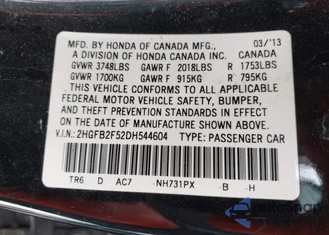2013 Honda Civic Lx z USA, uszkodzony, nr VIN 2HGFB2F52DH544604